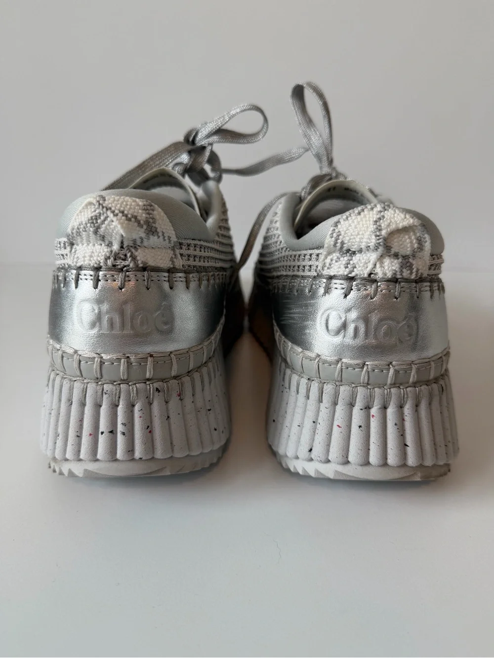 Chloé White and Silver Woven Platform Sneakers